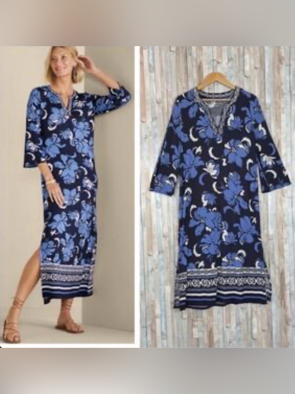 Soft Surroundings Sedona Dress Petite M Blue Floral Jersey Knit Midi Maxi Resort